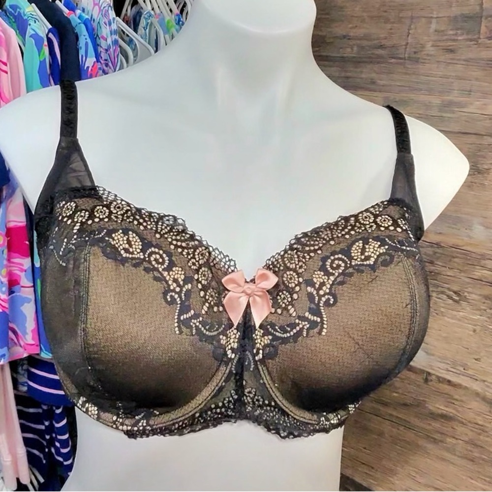 DKNY Black and Gold Lace Bra with Pink Bow